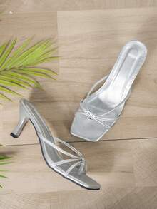 多带交叉设计银色方头细高跟鞋，时尚高跟穆勒凉鞋，舒适银色高跟鞋，猫跟鞋，优雅高跟鞋，适合任何正式场合 - 銀色 - 查看 4