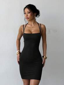 Vestido de verano de cuello cuadrado y espalda descubierta de unicolor, por favor, haga el pedido de acuerdo con la tabla de tallas para boda, negro, primavera, fiesta - Negro - Ver 2