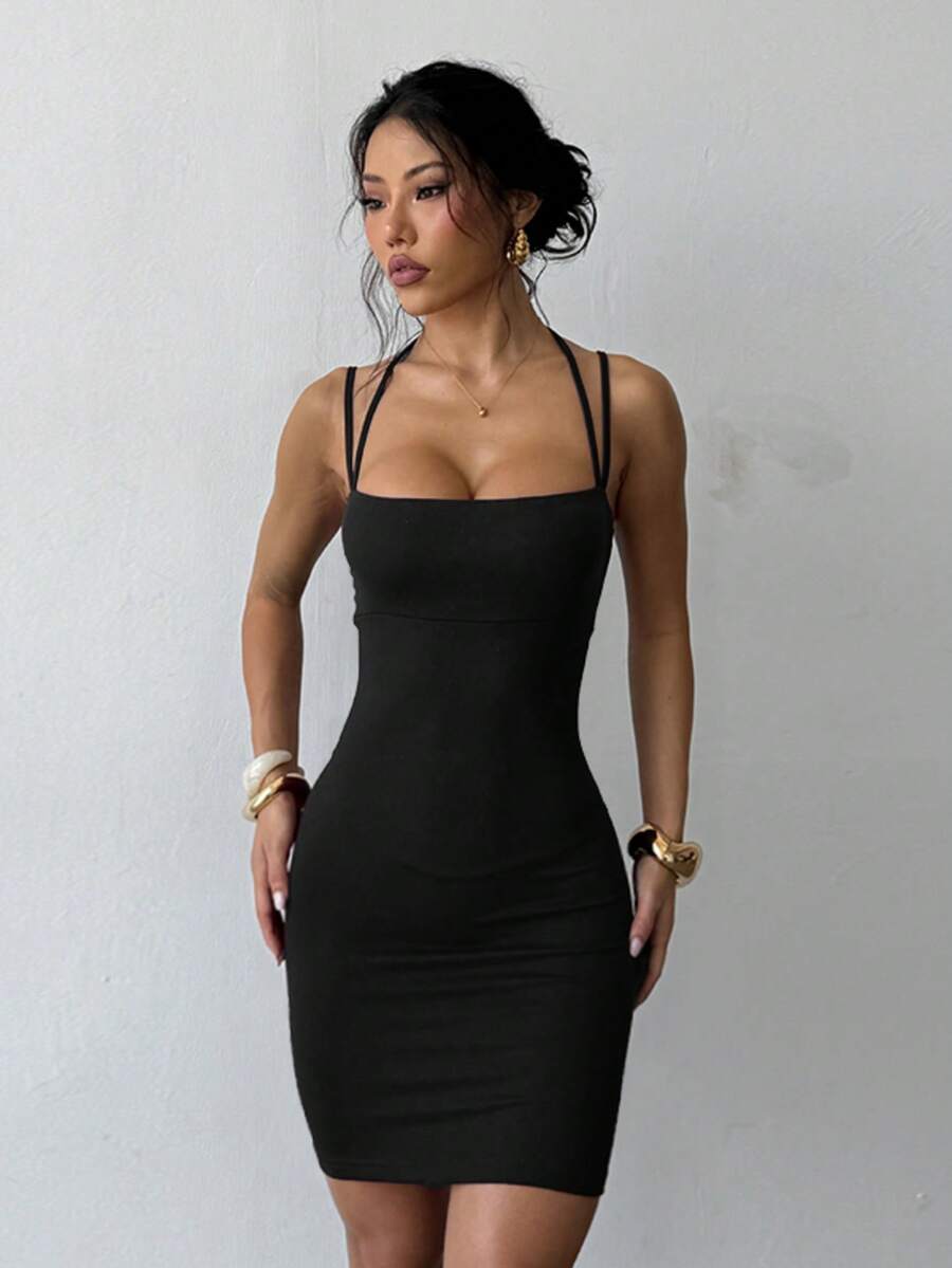 Vestido de verano de cuello cuadrado y espalda descubierta de unicolor, por favor, haga el pedido de acuerdo con la tabla de tallas para boda, negro, primavera, fiesta