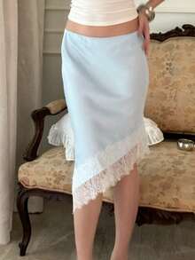 Women Satin Silk Lace Trim Midi Skirt Elastic Waist Irregular Hem Silky Long Skirt Vintage Half Slip Skirts For Under Dress Y2K A Line Bodycon Going Out Skirts Party Club Beach Vacation Knee Length Skirt Streetwear - 藍色 - 查看 3