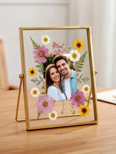 1pc Suspended Four Seasons Flowers And Plants DIY Family Photo Frame Metal Photo Frame Genuine Dried Flowers Embossed Frame Decoration Set, Personalized And Unique Outdoor Travel DIY Wedding Desktop Display, Friends And Couples Garden Green Plants Commemorative Photo Frame Gift