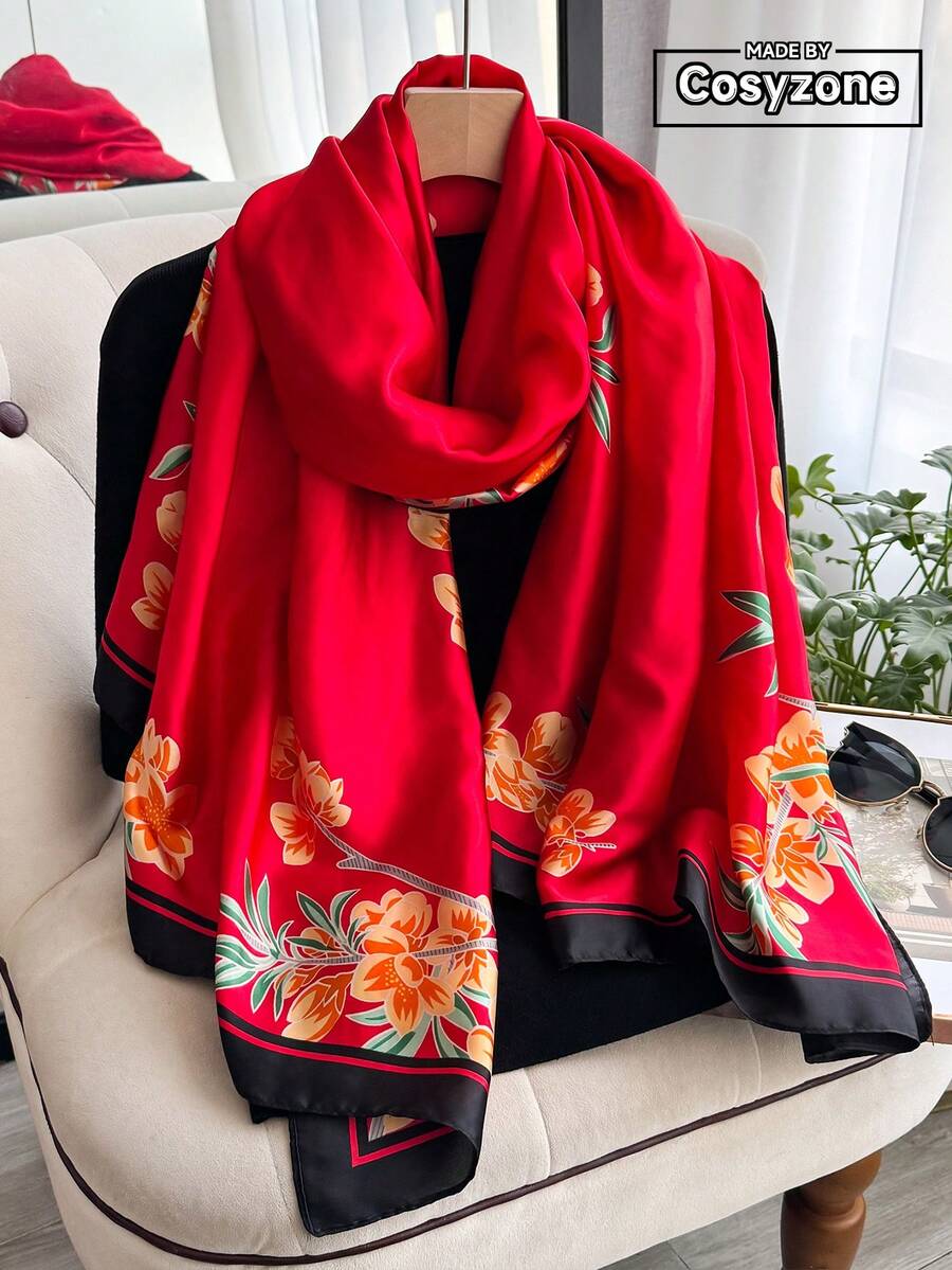 1pc Elegant Floral Print Silk-Like Scarf, Versatile Shawl For Beach, Sun Protection, Fashion Accessory Suitable For Daily Wear,Holiday - Red - View 1