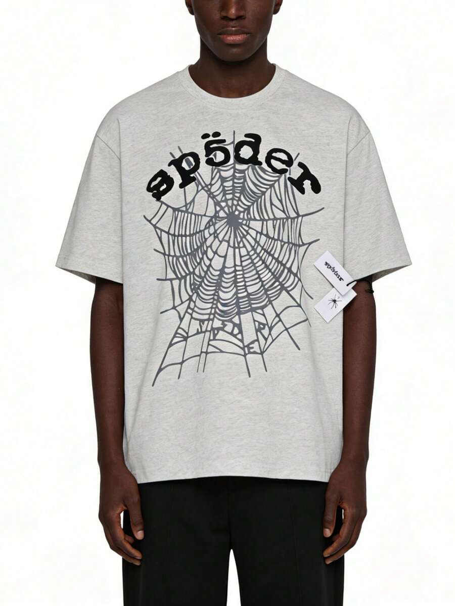 Sp5der Spider Letter Graphic T-Shirt , Hip Hop Streetwear Oversized Tee ,Casual Cotton Shirt - Light Grey - View 1