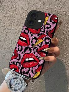 1pc Fashionable Leopard Print Red Lip Pattern Black Phone Case, TPU Shockproof Full Coverage Protective Shell, Suitable For IPhone 17/17 Pro/17Pro Max/17 Air/16/16e/16Plus/16Pro/16Pro Max/15/15Plus/15Pro/15Pro Max/14/14Plus/14Pro/14Pro Max/13/13Mini/13Pro/13Pro Max/12/12Mini/12Pro/12Pro Max/11/11Pro/11Pro Max/7/7Plus/8/8Plus/X/Xs/Xs Max/Xr, Durable Full Protection, Fashionable Anti-Drop Design, Suitable For Party Use Or Gift Giving - Black - View 3