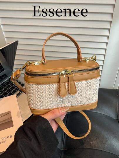 1 Stück khakifarbene PVC geflochtene Dekorationstasche, Damen Handtasche/Umhängetasche/Umhängetasche, geeignet für Frühling/Strand/Urlaub