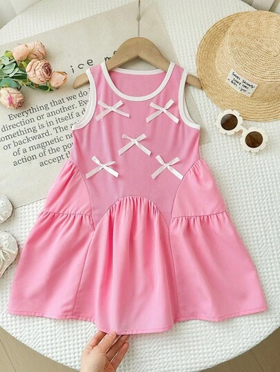 4-7 Years Old Girls' Sweet Pink Sleeveless Dress, New Design With 3D Bow Decor, Contrast Color Round Neck, Flared Skirt, Soft & Breathable, Comfortable Princess Dress For Young GirlBirthday