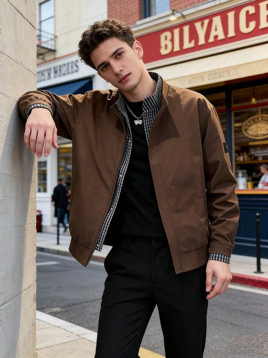 Novedad: Chaqueta a cuadros para hombre estilo <<Rebel-Chic» (efecto dos piezas) - de primavera/otoño | El estilo streetwear más candente del momento - marrón - Ver 1