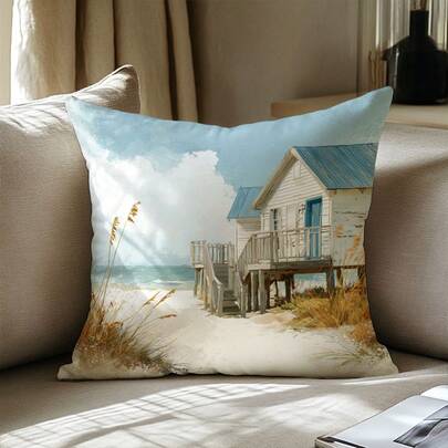 1件沙滩小屋印花柔软天鹅绒抱枕套，45*45厘米单面印花，适用于客厅、卧室、沙发、家居装饰、节日礼物（不含枕芯）