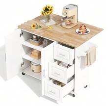 Large Mobile Kitchen Table 137 X 43 (76) X 92 Cm, Oak Countertop, Folding Design, Multifunctional Cabinet, 3 Drawers, Towel Rack, Suitable For Kitchen, Dining Room And Home. - White - View 8