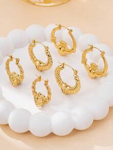 3 Pairs Fashionable Minimalist Metallic Carrot, Heart, Hoop Earrings, Suitable For Teenage Girls Daily And Holiday Wear - Gold - View 2