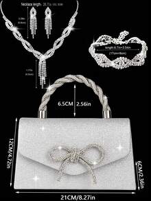 4pcs Luxury Sparkling Women's Jewelry Set, Formal Party Handbag With Rhinestone Bow Decor, Bridal Wedding Gift Set, Suitable For Party, Wedding, Prom, Gala - Silver - View 3