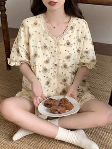 两件套春夏V领开衫睡衣套装，可爱小熊印花家居服，休闲舒适，易打理面料 - 黃色 - 查看 10