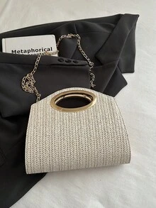 女士编织圆形手柄斜挎包，波西米亚海滩风手提包，配金色链条肩带，夏季度假及派对手拿包 - 米色 - 查看 4