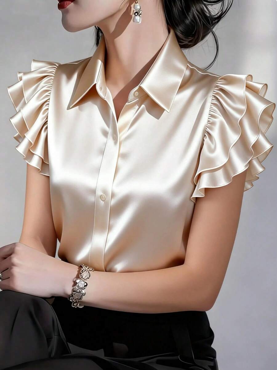 Women's Elegant Satin Short Sleeve Blouse With Ruffle Shoulder Detail And Classic Collar Summer - Apricot - View 1