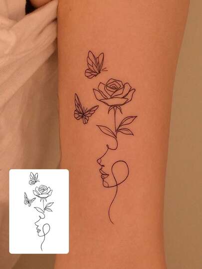 1 pieza Tatuaje temporal que dura de 7 a 14 días, diseños minimalistas abstractos de mano, pierna, cara, rosa, mariposa, tatuaje temporal impermeable, adecuado para personas de moda