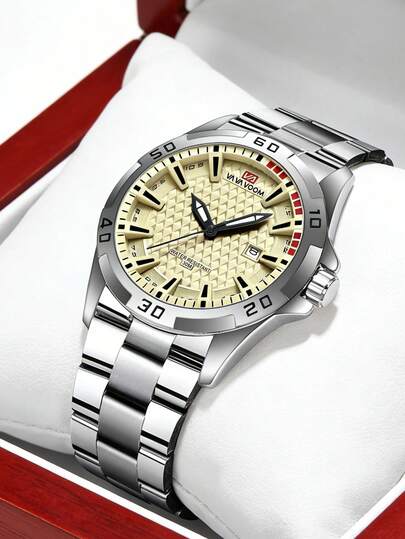 VA VA VOOM Men Watch Gift Box Set 45mm Silver Ring Black Shell Stainless Steel Clock Fashion Honeycomb Dial 114g Quartz Movement Simple Man Watch Suitable For Daily Dressing & Work Commuting & Date Travel & Gift For Father And Boyfriend Watch