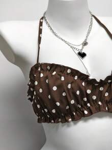 快乐女孩夏季休闲性感派对露背波点吊带短款上衣和短裤套装，海滩度假 - 咖啡棕 - 查看 6