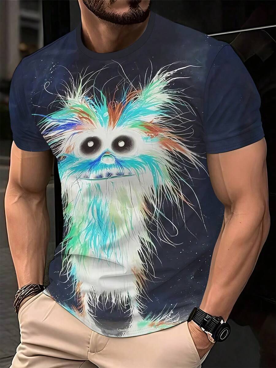 Áo thun nam tay ngắn cổ tròn in hình chó 3D kỹ thuật số năng động mùa hè - Chất liệu polyester mềm mại và hơi co giãn, dáng regular fit, thích hợp mặc cuối tuần, giặt tay hoặc giặt khô, có lớp lót polyester. - Nhiều màu - Xem 1