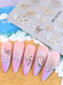 SWEET TREND 5D金属质感夏季海洋动物浮雕美甲贴纸2片装，玫瑰金白色鱼、海龟、水母、海豚、海马、海星、贝壳、芙蓉花，可爱卡通海洋动物设计，DIY卡哇伊全息Y2K自粘凝胶指甲油贴片，美甲沙龙贴片，美甲装饰 - 彩色 - 查看 9