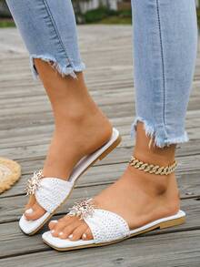 planare New Women's Fashionable Summer Minimalist White Flat Slide Sandals, Slip-On Square Toe, Suitable For Daily, Vacation And Casual Occasions - White - View 7
