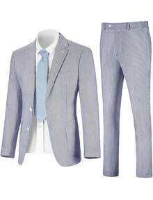 Men's Suit 2-Piece Set - Solid Seersucker Single-Breasted Jacket, Essential For Casual Activities, Weddings, Parties, And Business Occasions, Classic Tailoring Formal Style, High-Quality Tailored Seersucker Fabric, Fashionable Gentleman Style - 淺藍色 - 查看 3