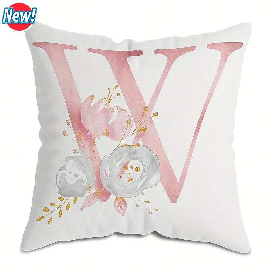 Floral Letter Pillow Cover 18x18 Inch - Farmhouse Monogram ABC Single Sided, Textured Polyester Decorative Throw Cover For Bedroom Sofa, Birthday Party Gift Ready Home Decor (No Insert) - West - View 1