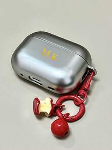 Customized Name/Letter Earphone Protective Case (With Apple Pendant) - Silver Electroplated Earphone Protective Case Compatible With Apple Earphones 4th Gen, Pro, New 2nd/3rd Gen, Soft Protective Case Compatible With Apple Earphones, Electroplated Earphone Protective Case, Valentine's Day Gift - Silver - View 2