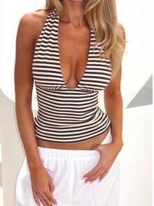Women's Fitted Camisole Tank Top, Sleeveless Striped Blouse With Back Slit Design, Medium Stretch Fabric, Streetwear Summer - Brown - View 6