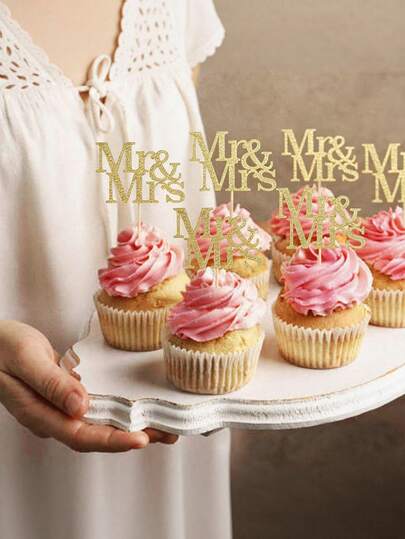 12个金色闪光“先生和太太”纸杯蛋糕装饰插牌 - 婚礼蛋糕装饰用品 - 新娘派对纸杯蛋糕装饰插牌，闪亮点缀，适用于婚礼招待会装饰