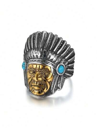 1pc Retro Style Stainless Steel Turquoise-Inlaid Chief-Shaped Men's Ring For Retro Outfits & Festival Gifts
