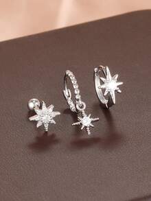 Set de 3 pendientes de aro con colgante de estrella para mujeres, pavimentados con circonita cúbica, pendientes de acero inoxidable con tornillo, joyería para perforación del cartílago - 3 piezas - Plata - Ver 2