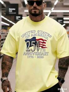 Men's 250th Anniversary Commemorative Graphic Short Sleeve T-Shirt, Soft Breathable Fabric Loose Fit Casual Tee, 180g Fashion Tops -4th Of July - Màu vàng - Xem 1