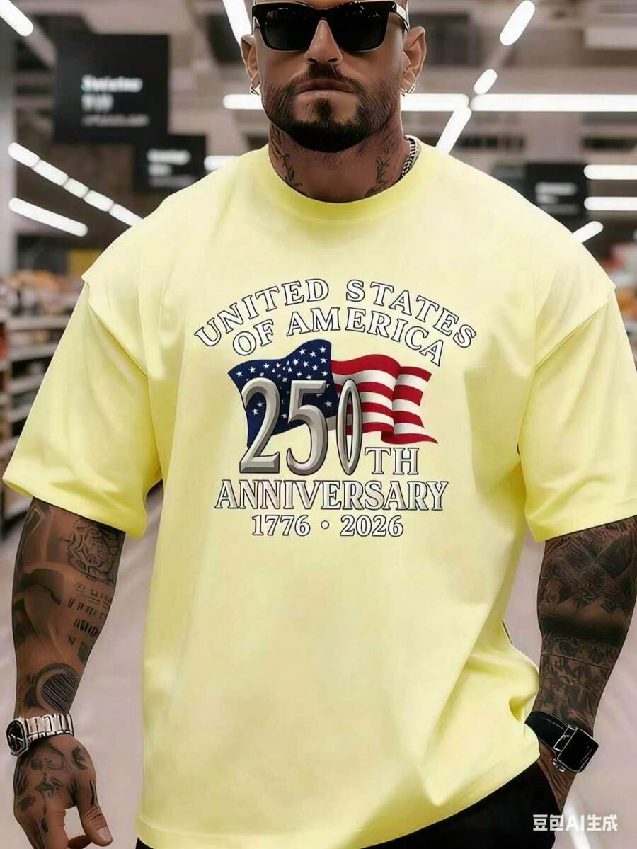 Men's 250th Anniversary Commemorative Graphic Short Sleeve T-Shirt, Soft Breathable Fabric Loose Fit Casual Tee, 180g Fashion Tops -4th Of July - Màu vàng - Xem 1