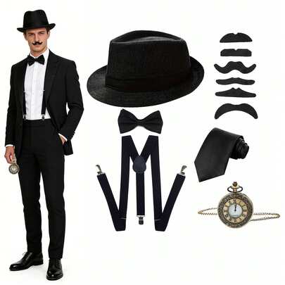 Bộ trang phục dự tiệc phong cách quý ông thập niên 1920 dành cho nam giới, bao gồm mũ cổ điển, đồng hồ bỏ túi, dây đeo quần, ria mép, nơ cổ, quần yếm chữ Y, mũ Panama, phù hợp cho nam giới và người lớn như một phụ kiện trang phục Halloween cổ điển.