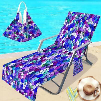 1件彩色马赛克口袋沙滩椅套，太空艺术印花夏季躺椅毛巾套，适合度假、花园、户外泳池