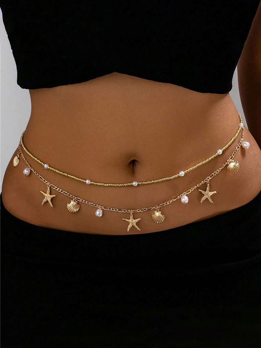 Bộ thắt lưng hai lớp kiểu Bohemian hình sao biển - Dây đeo thân đính hạt ngọc trai giả - Thắt lưng có thể điều chỉnh - Nhiều màu - Xem 1