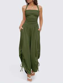 Fisoew Womens Casual Jumpsuits Summer Halter Straps Sleeveless Overalls Ruched Barrel Wide Leg Side-Cinch Long Pant Rompers - 軍綠色 - 查看 2