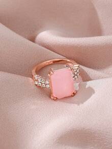 1 pieza Exquisito y lujoso juego de anillo de compromiso de princesa romántica con deslumbrante zirconia sintética cuadrada rosa chapada, regalo de boda, aniversario o cumpleaños para mujeres - anillo - Ver 12