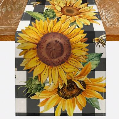 1件夏季向日葵桌旗，季节性水牛格纹花瓶，室内家居派对厨房餐厅户外餐桌装饰