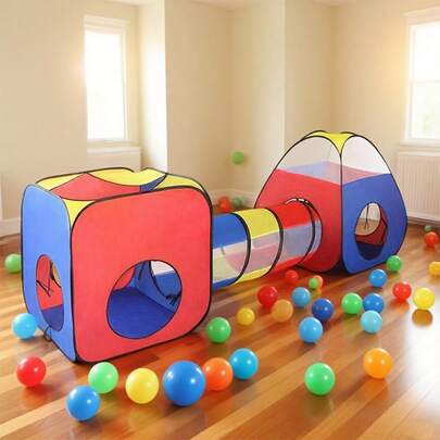 Carpa de lujo y colorida 3 en 1 para niños | Diseño realista de casa de juegos portátil para entretenimiento interior y exterior, juego imaginativo, juguetes y regalos | Casa de juegos plegable + túnel + piscina de bolas cuadrada + bolsa de almacenamiento para niños y niñas, mejor regalo para vacaciones y cumpleaños de los niños
