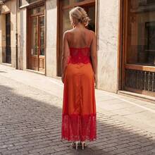 Vestido de encaje patchwork para mujer, vestido de verano sin mangas con tirantes finos y escote en V profundo. - Naranja rojizo - Ver 2