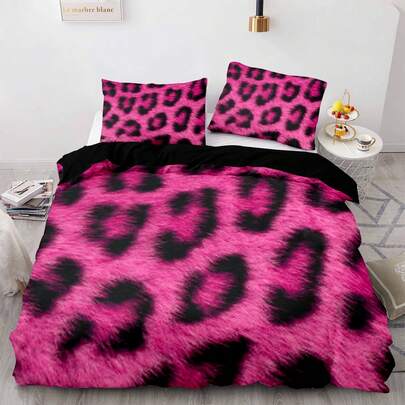 2/3pcs 3D Print Pink Black Leopard Print Duvet Cover Set Pink Base Fluffy Texture Black Spots Gradient Pattern Bedding Set Modern Sweet Edgy Calm Comforter Cover Set (Size 135x200 Only 1 Pillowcase)