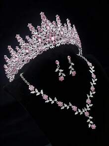 Set de joyería nupcial de 3 piezas con corona de lujo con rhinestones, conjunto de collar y aretes con corona de diamantes rosas estilo princesa, adecuado para boda/fiesta - Rosa - Ver 5