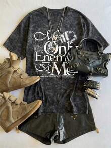 2026夏季新款女式休闲宽松圆领复古做旧英文印花T恤，街头时尚百搭水洗短袖T恤 - 黑色 - 查看 2