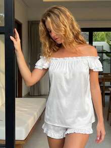 Women Satin Pajama Set Flutter Sleeve Tops And Drawstring Ruffled Shorts 2 Piece Sleepwear Outfit - Ivory White - View 5