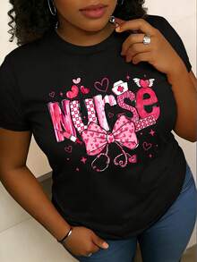 2026 Women' Nurse Letter Print Theme T-Shirt - Nursing Top With Heart Pattern, Bowknot And Stethoscope Design - - 黑色 - 查看 12