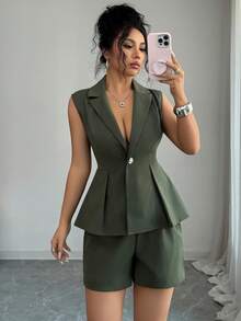 Lily House 两件套：女士时尚优雅军绿色翻领无袖荷叶边吊带背心搭配高腰弹力短裤，休闲套装，适合度假、旅行、聚会、通勤、晚餐、夏季假日穿着。 - 軍綠色 - 查看 8