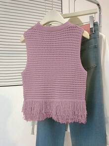 时尚休闲百搭优雅女士针织背心，流苏下摆镂空舒适纯色无袖圆领针织背心，适合日常、约会、旅行和夏季聚会等场合。 - 藕粉色 - 查看 3