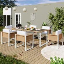 Polyrattan Dining Table And Chair Set, Garden Furniture, 6-Person Garden Dining Set With Armchairs, Removable And Washable Fabric Covers - 白色 - 查看 6