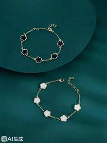 2件套花朵链条手链套装，优雅手链饰品，日常佩戴，万圣节配饰，教师节街头风配饰，牛仔配饰 - 彩色 - 查看 4